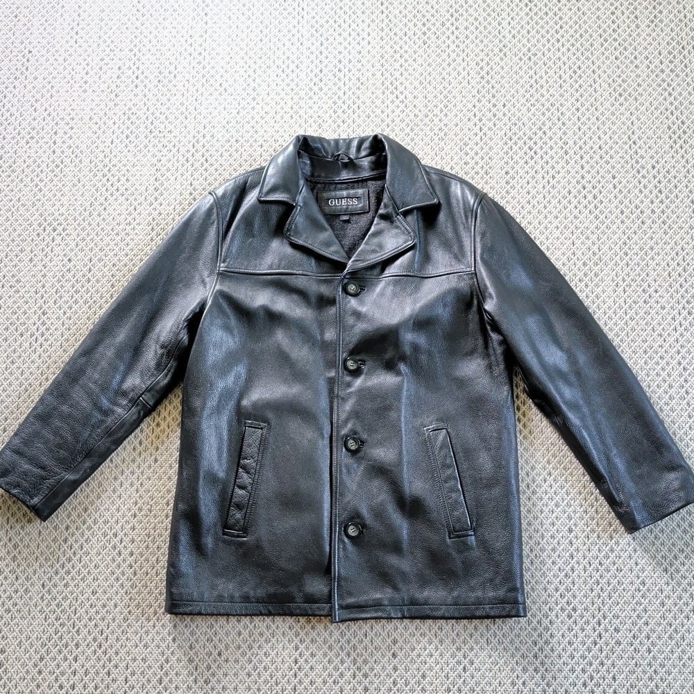 GUESS Black Leather Fleece Liner Button Up Jacket‎ Coat Men's Medium Excellent!
